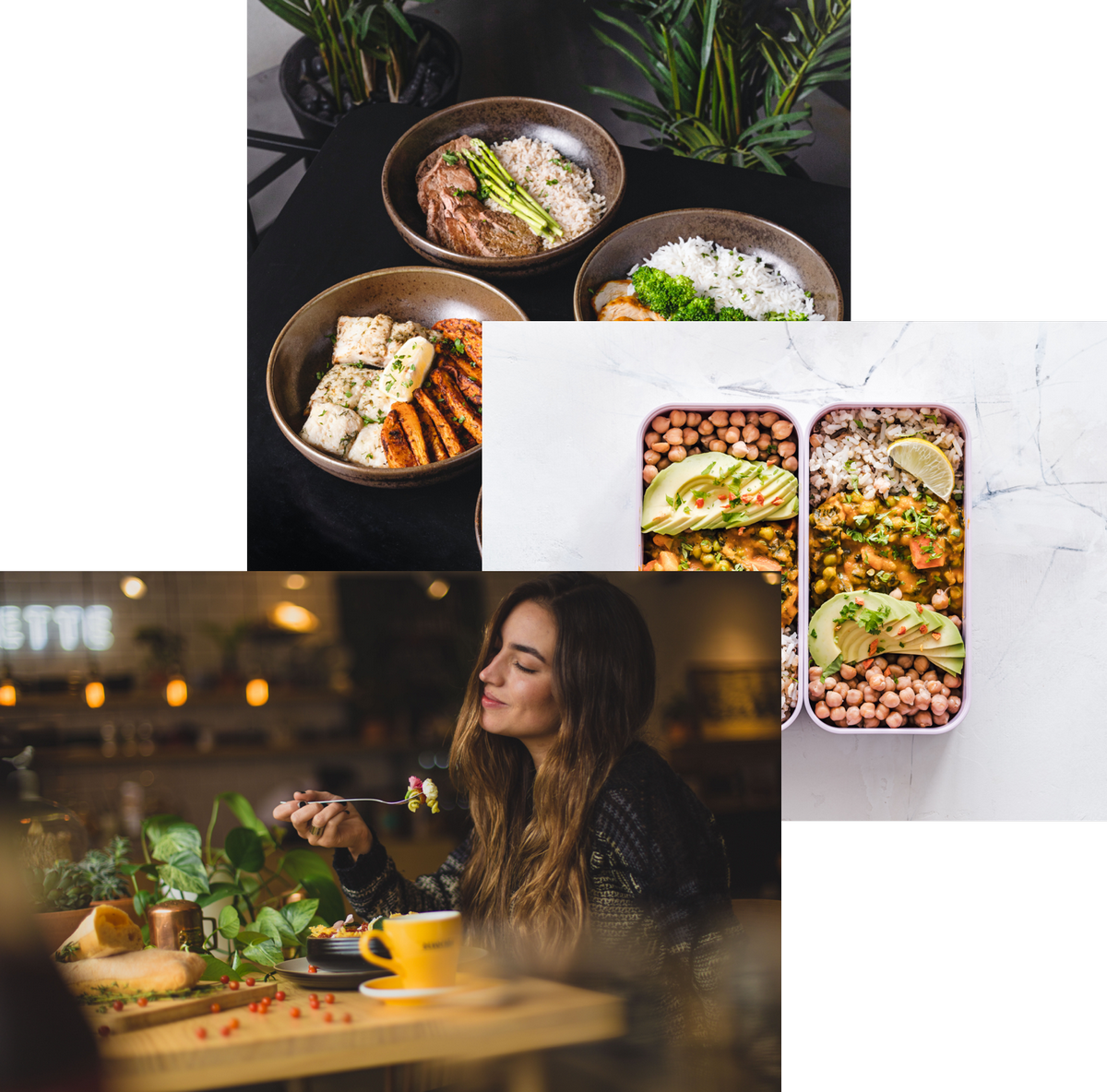 Women enjoing foods, meals in storage container and food bowls on table